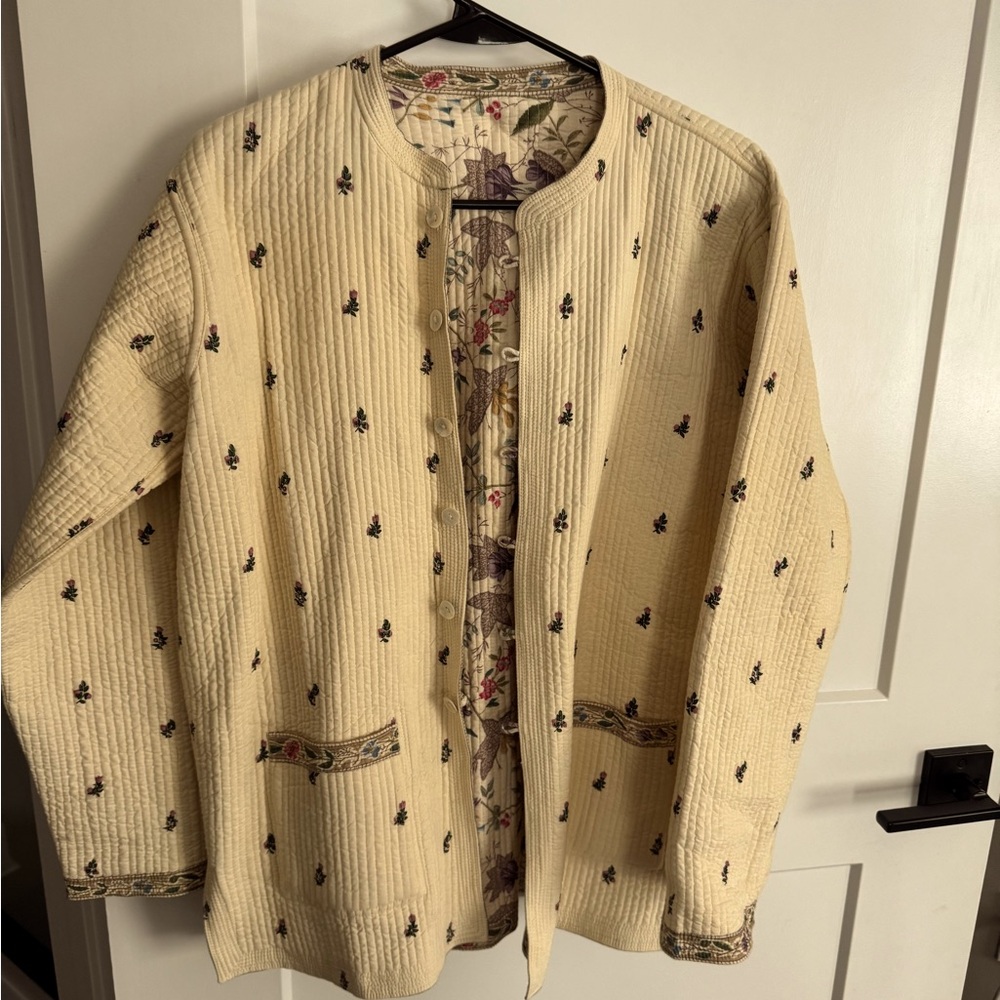 Handmade reversible quilt jacket - butter yellow and floral